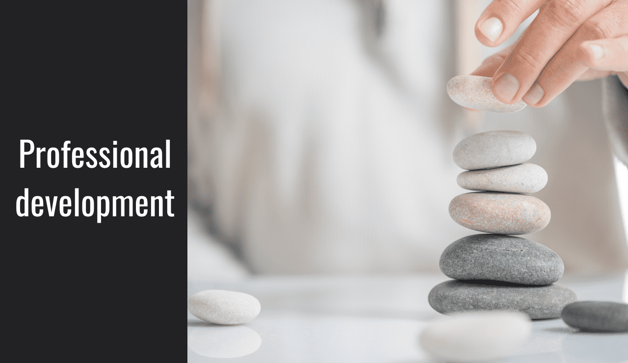 A substance use counselor student practices meditation with stones during her NYS CASAC online addiction counseling course in professional development.