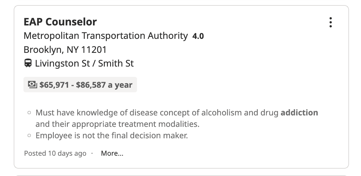 Indeed SS 1 Screenshot of an addiction counselor job search to ad social proof of the NYS CASAC shortage