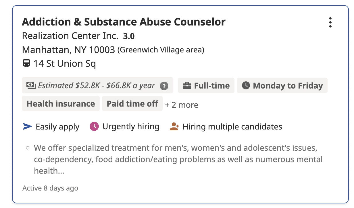 Indeed SS 2 Screenshot of an addiction counselor job search to ad social proof of the NYS CASAC shortage