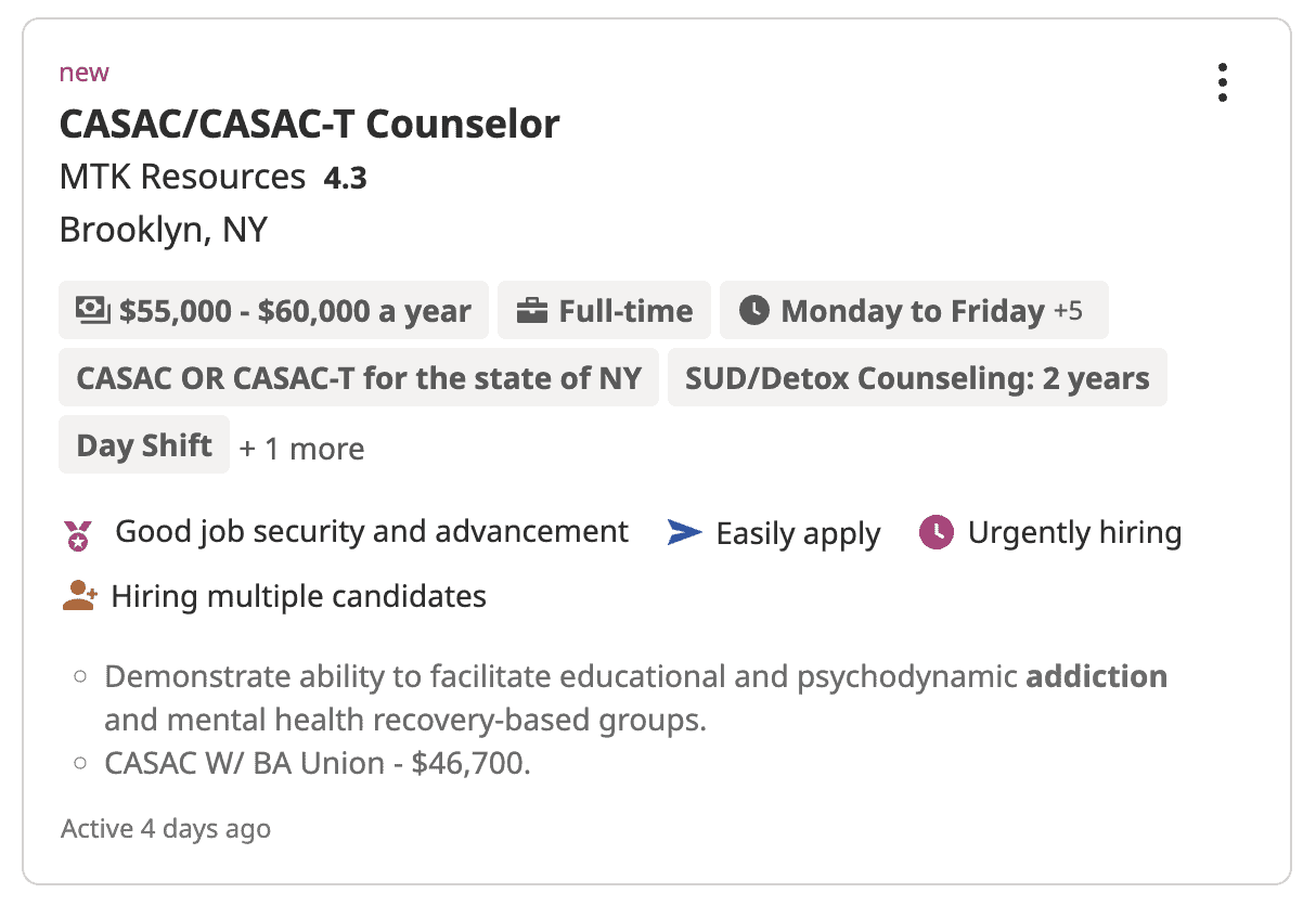 Indeed SS 3 Screenshot of an addiction counselor job search to ad social proof of the NYS CASAC shortage