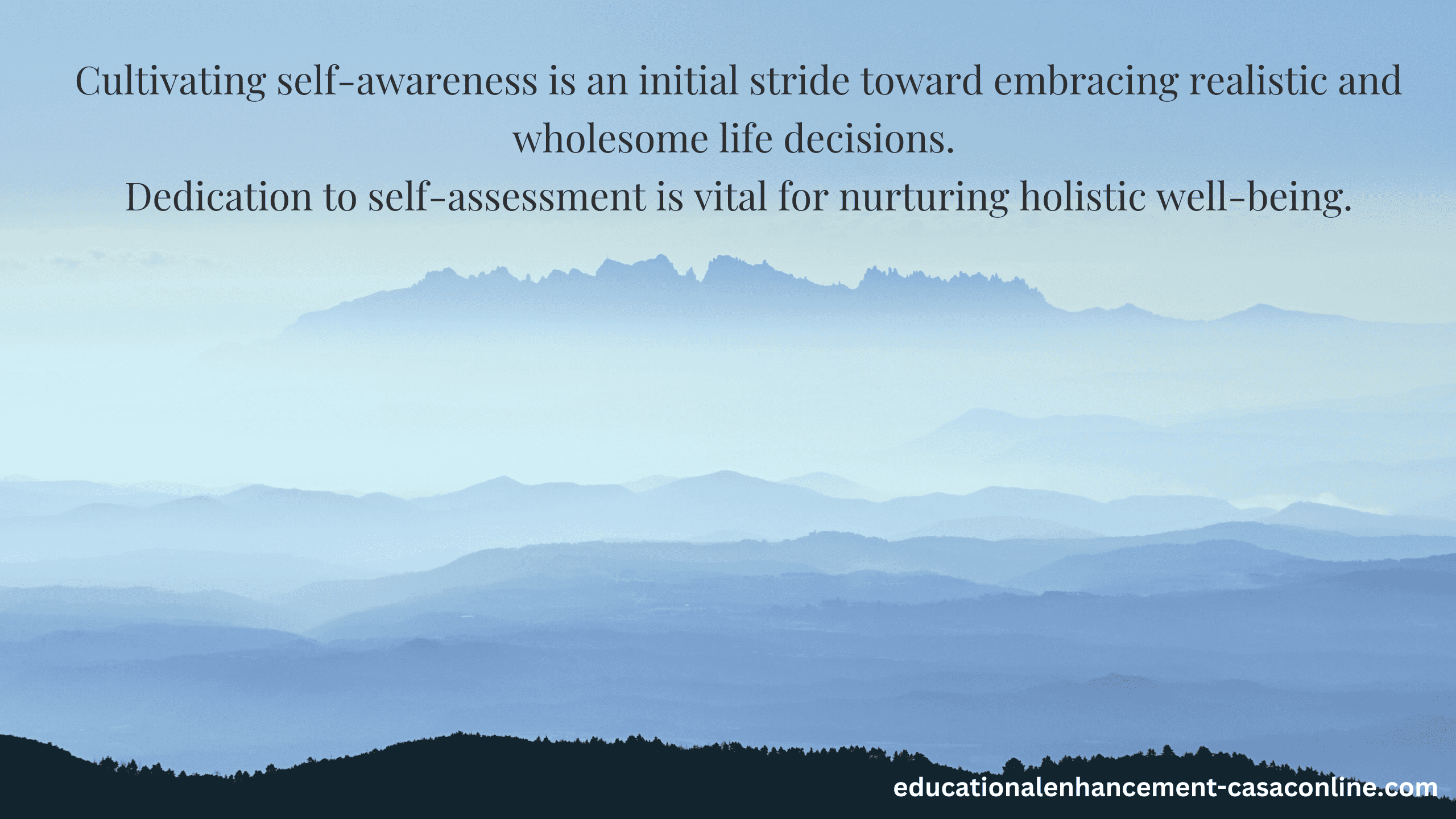 this is an image for the essential drug counseling skill self-care- the words on the image are from the blog post: Cultivating self-awareness is an initial stride toward embracing realistic and wholesome life decisions.<br />
Dedication to self-assessment is vital for nurturing holistic well-being.
