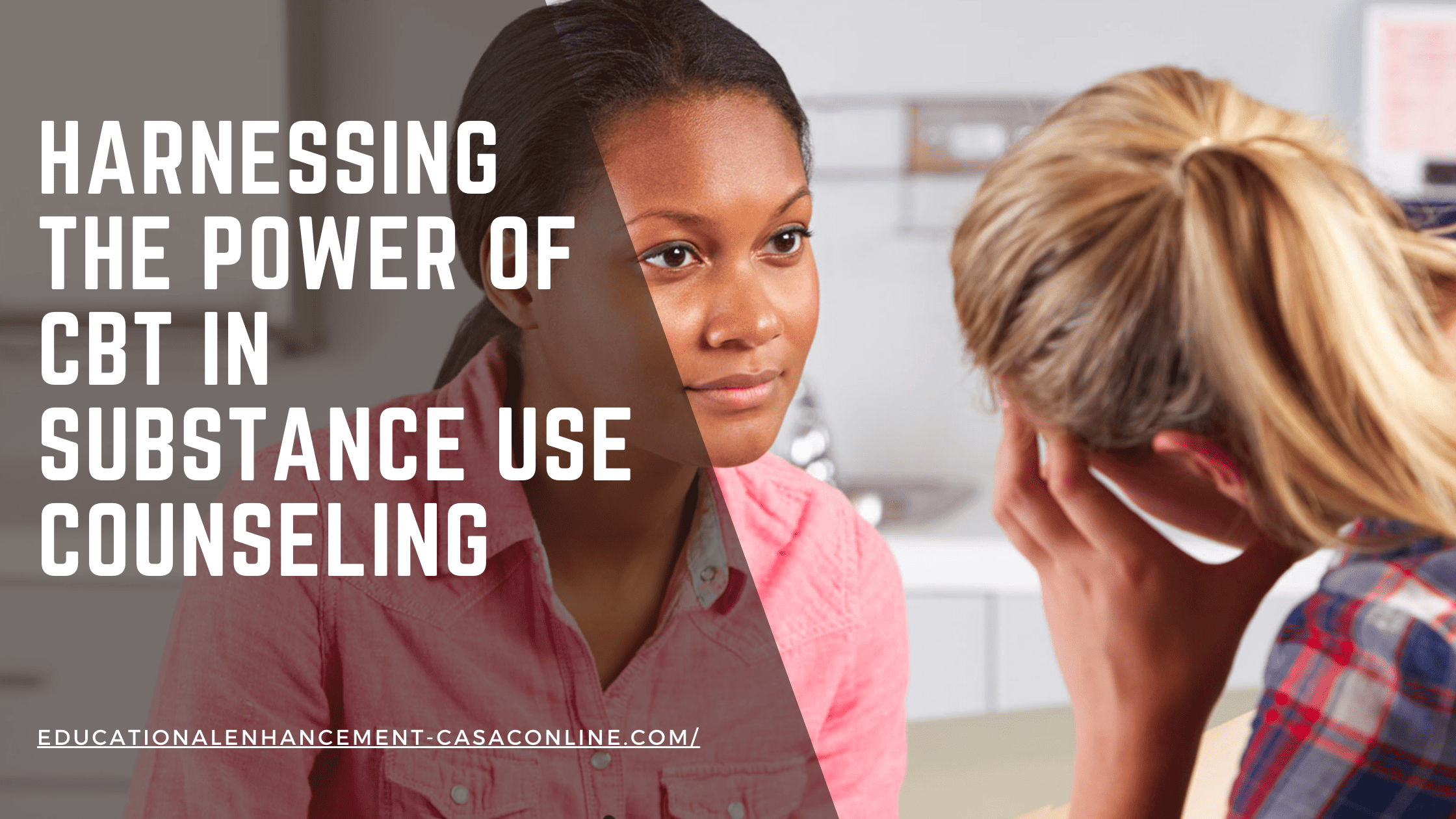 Blog banner image for the post: Harnessing the Power of CBT in Substance Use Counseling. Image shows two people in a counseling session.