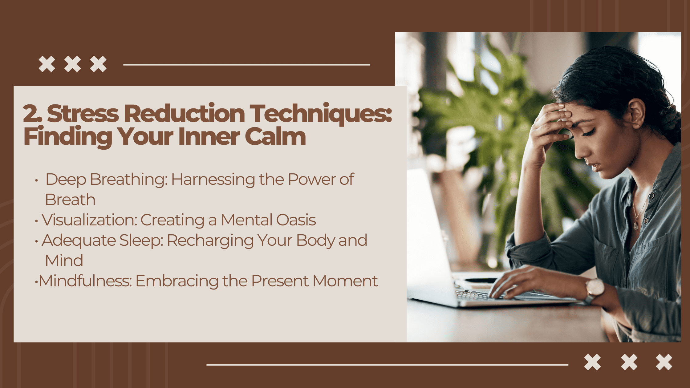 Substance uxe counselor is stressed out signifying that she needs to manage her anxiety and burnout with the tips from the infographic. 