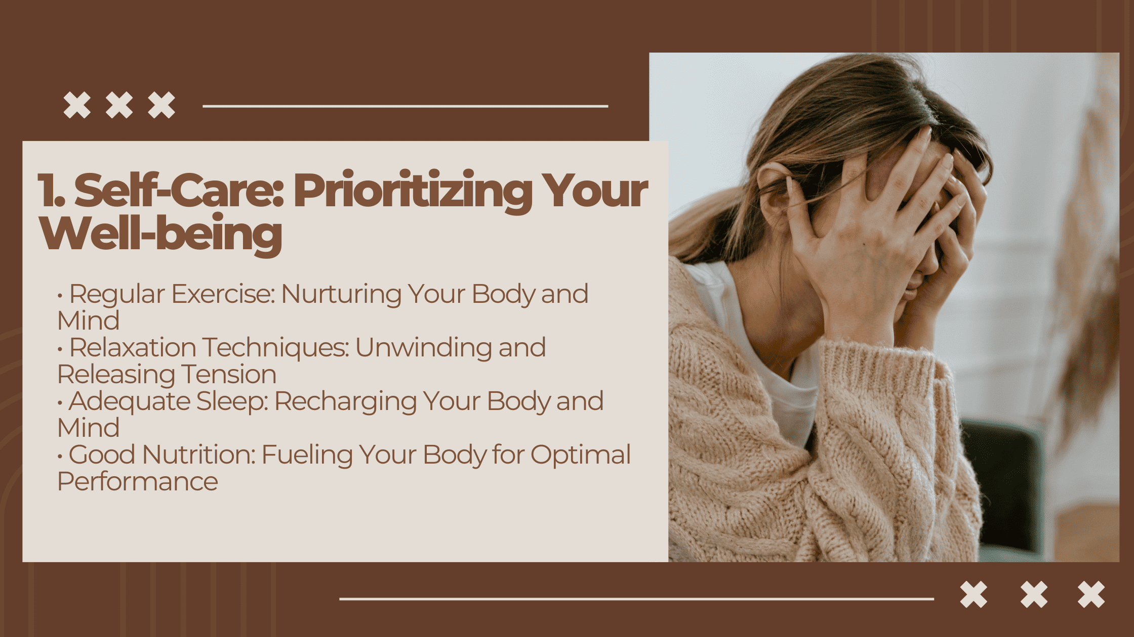 Image of a substance use counselor who is stressed out. She is on an infographic for strategies to help reduce substance use counselor stress. 