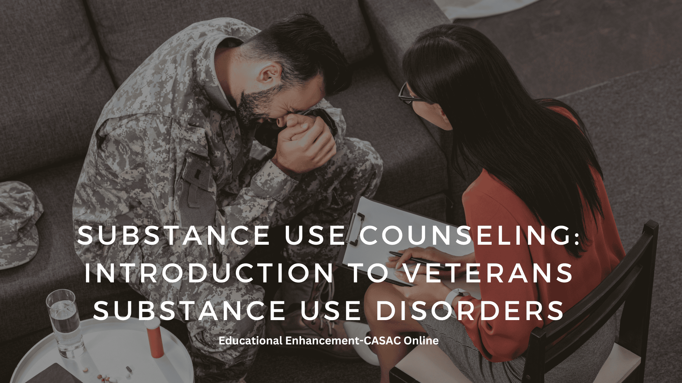A drug counseling meets with her client a veteran to discuss substance use disorders in veterans.
