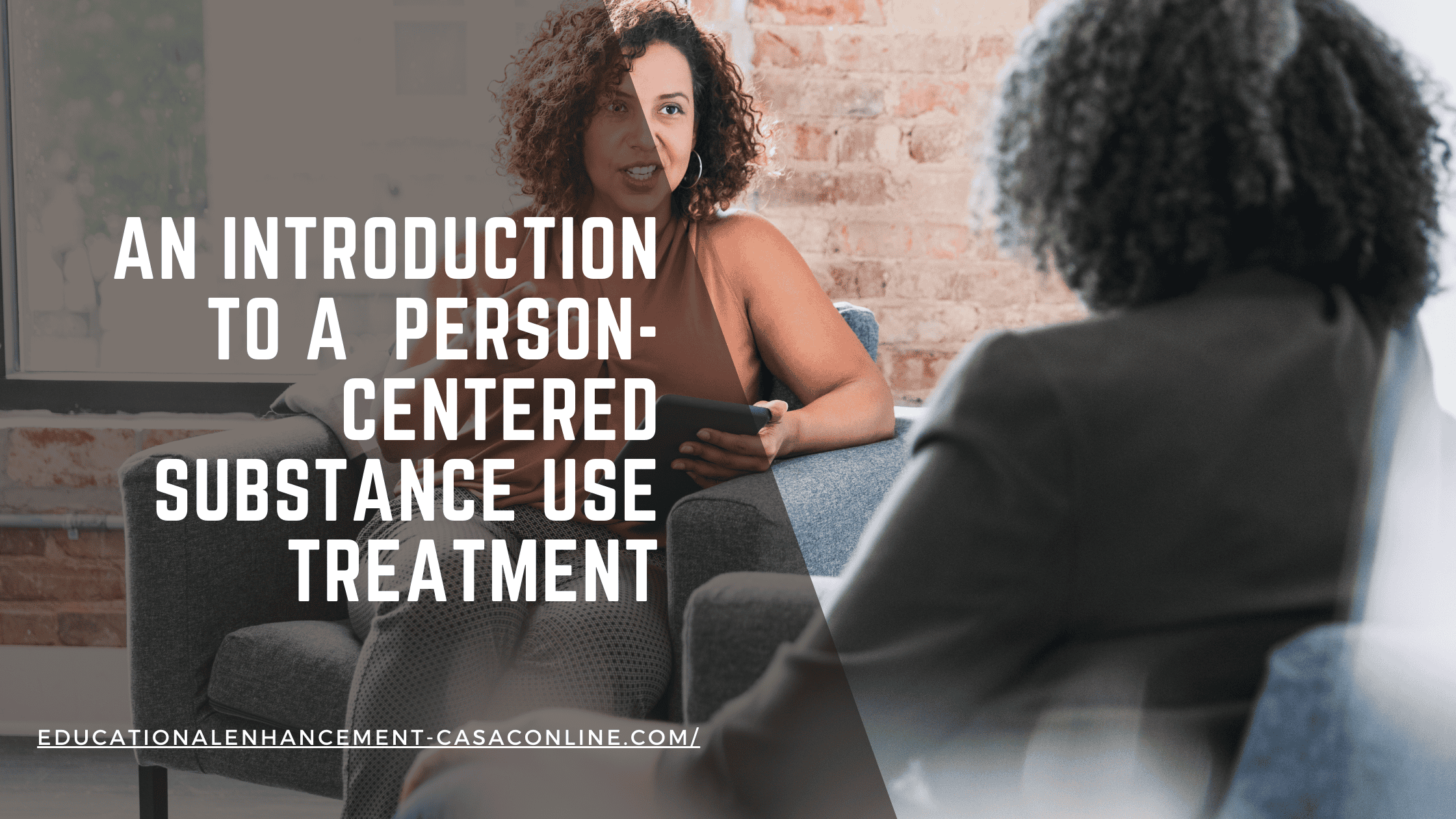 A blog banner for the post An Introduction to a  Person-Centered Substance Use Treatment shows a substance use counselor and her client talking.