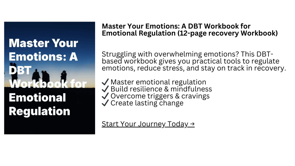 A blog baner ad for a DBT, refuge recovery, and mindfulness workbook