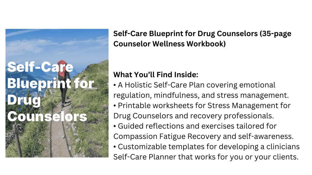 A person hiking along a mountain trail with a backpack, symbolizing the journey of recovery and resilience. Text overlay reads “Self-Care Blueprint for Drug Counselors,” highlighting strategies to prevent substance use counselor burnout through self-care and balance. This guide can be used during clinical supervision which can add a new dynamic to the the role of supervision in substance use counseling.