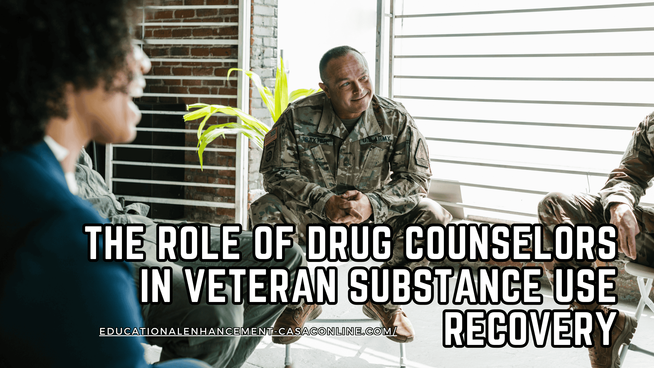 A veteran and drug counselor smile during a veteran substance use counseling session.
