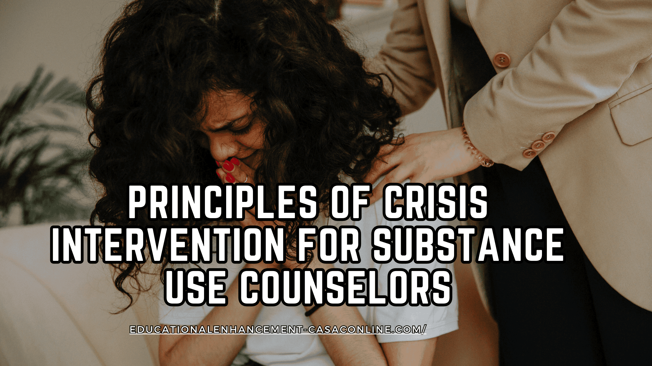 A counselor places a supportive hand on a crying woman’s shoulder during a tense counseling session, representing the principles of crisis intervention. This visual reflects core crisis counseling techniques used in real-time emotional support and crisis response in addiction treatment.