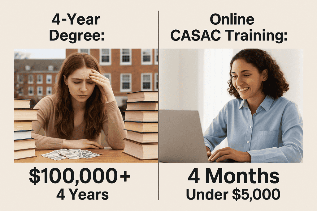 Side by side comparison of a 4-year CASAC college degree vs OASAS approved 350 hour CASAC training online in New York, showing cost and timeline differences.