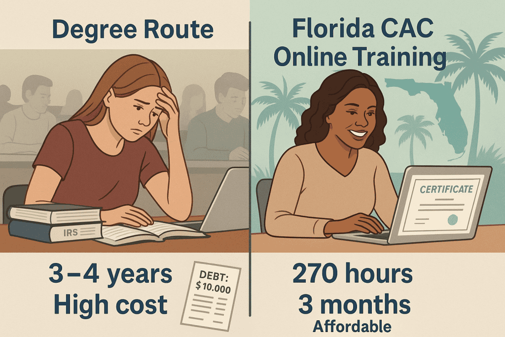 Side by side comparison of a 4-year addiction counseling degree versus Florida CAC 270 hour online training program, showing time and cost differences.