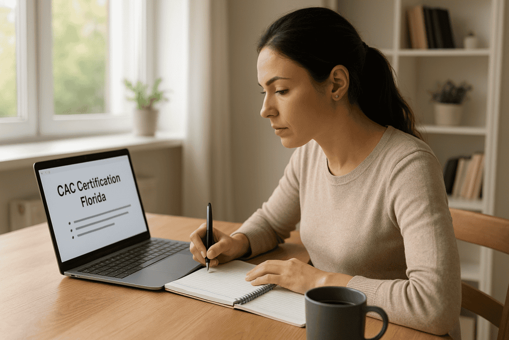 Adult woman studying online for CAC certification Florida at a wooden desk with a laptop, notebook, and coffee in natural sunlight.