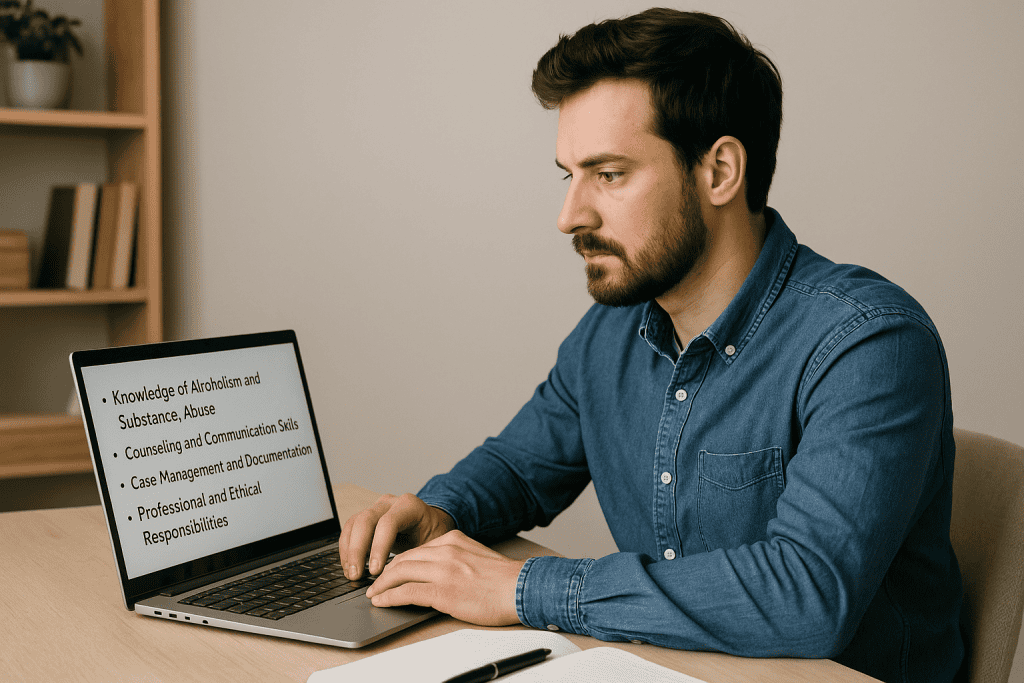 Adult man studying online for addiction counseling training in New York, focused at a desk with a laptop displaying course material, notebook, and pen nearby.