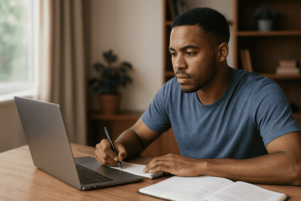 Adult man studying online for addiction counseling training North Carolina at a wooden desk with a laptop, notebook, and natural light coming from a nearby window.