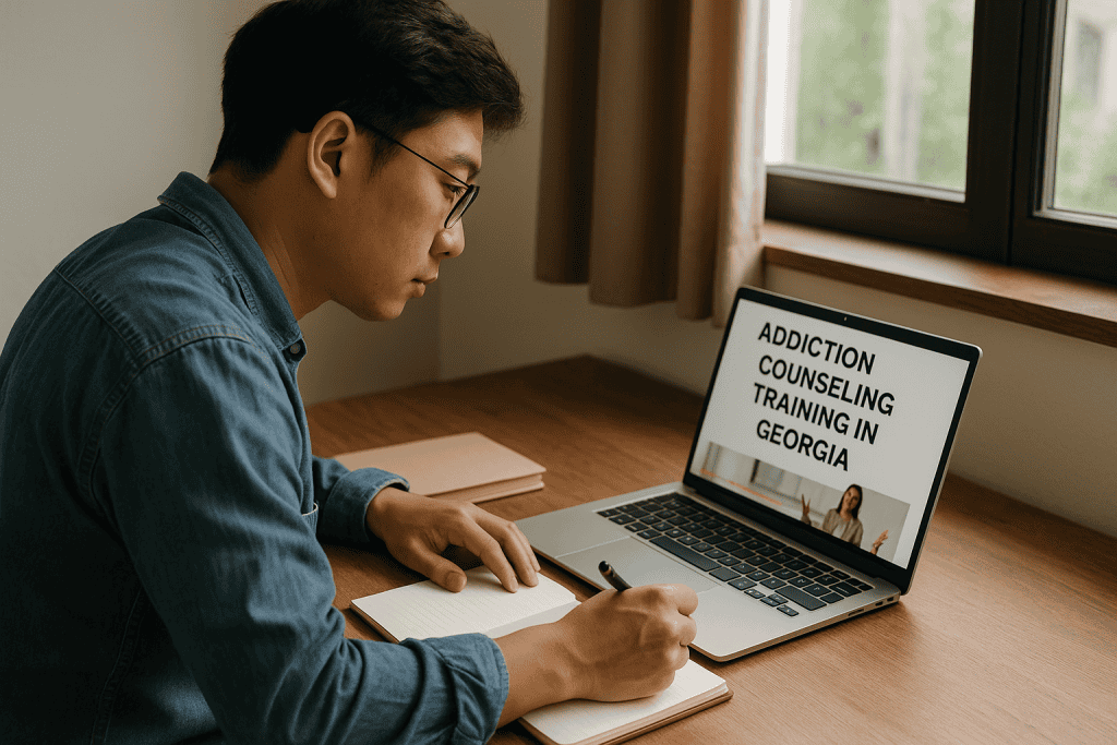 Adult man studying online for addiction counseling training Georgia at a wooden desk with a laptop, notebook, and soft daylight coming through a window.