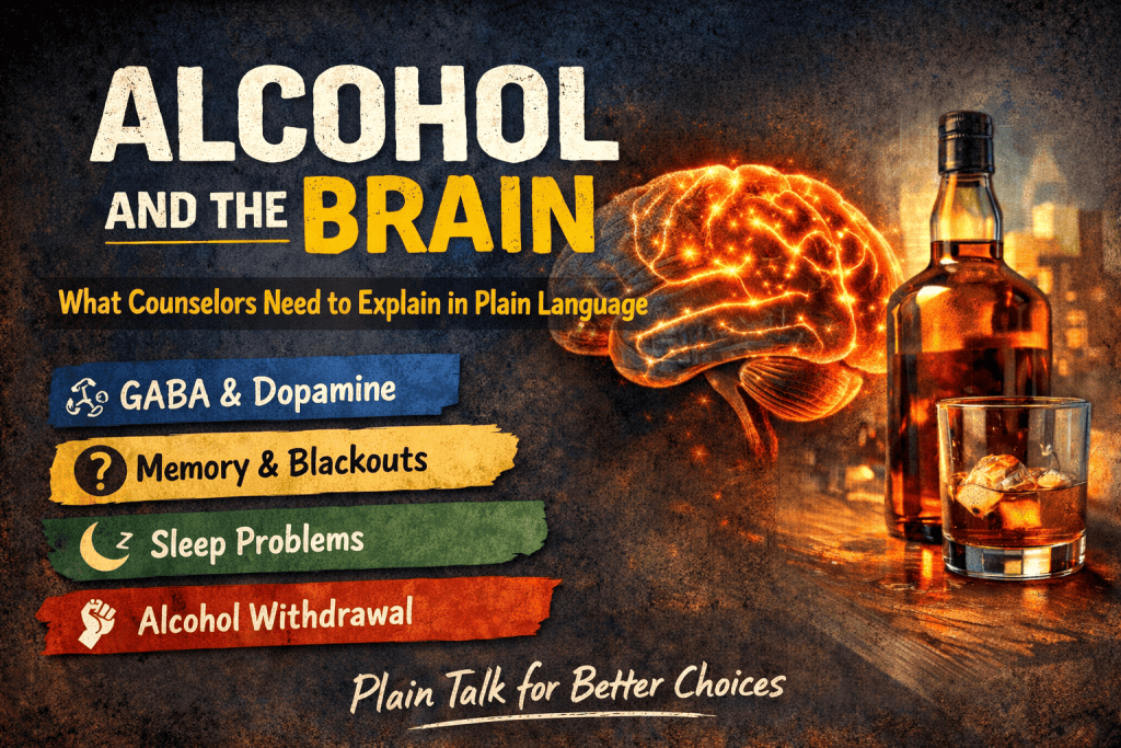 Wide blog header image showing a glowing orange brain on the left and a whiskey bottle and glass on the right, with the headline “Alcohol and the Brain” and a subhead about explaining it in plain language. Four labeled strips list GABA and dopamine, memory and blackouts, sleep problems, and alcohol withdrawal against a dark city backdrop.