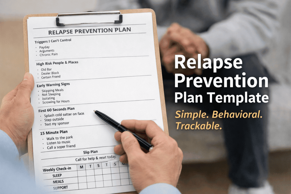 Counselor holding a clipboard with a relapse prevention plan template and pointing to the “First 60 Seconds Plan” section while a client sits blurred in the background.