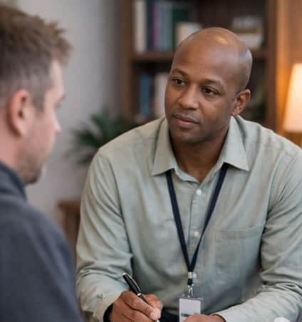 A male addiction counselor listening attentively and taking notes during a one-on-one counseling session for substance use recovery.