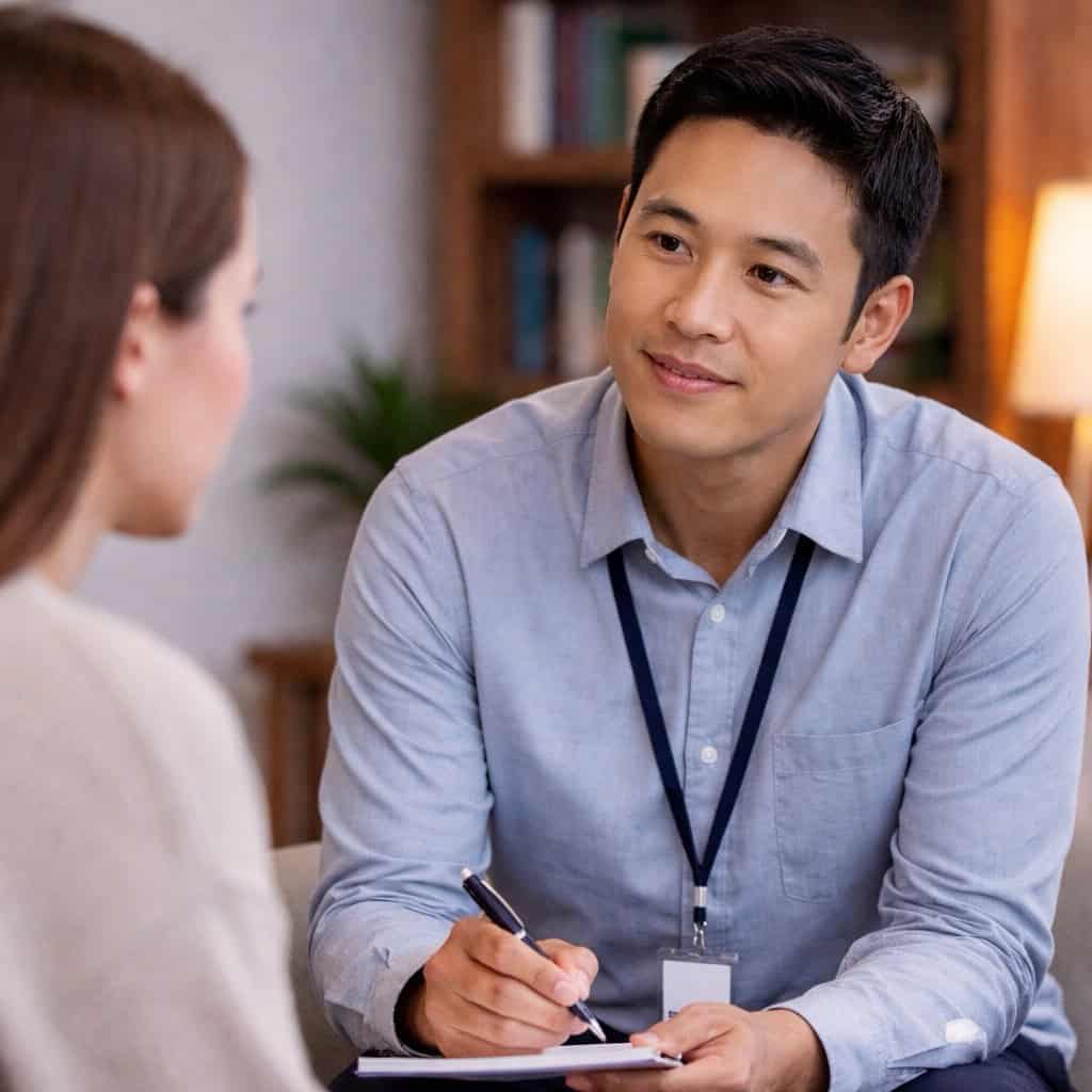 A male Drug/addiction counselor listening attentively and taking notes during a one-on-one counseling session for substance use recovery.