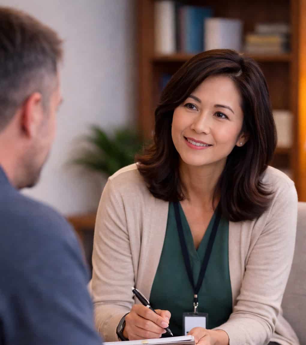A female Drug/addiction/CASAC counselor listening attentively and taking notes during a one-on-one counseling session for substance use recovery.