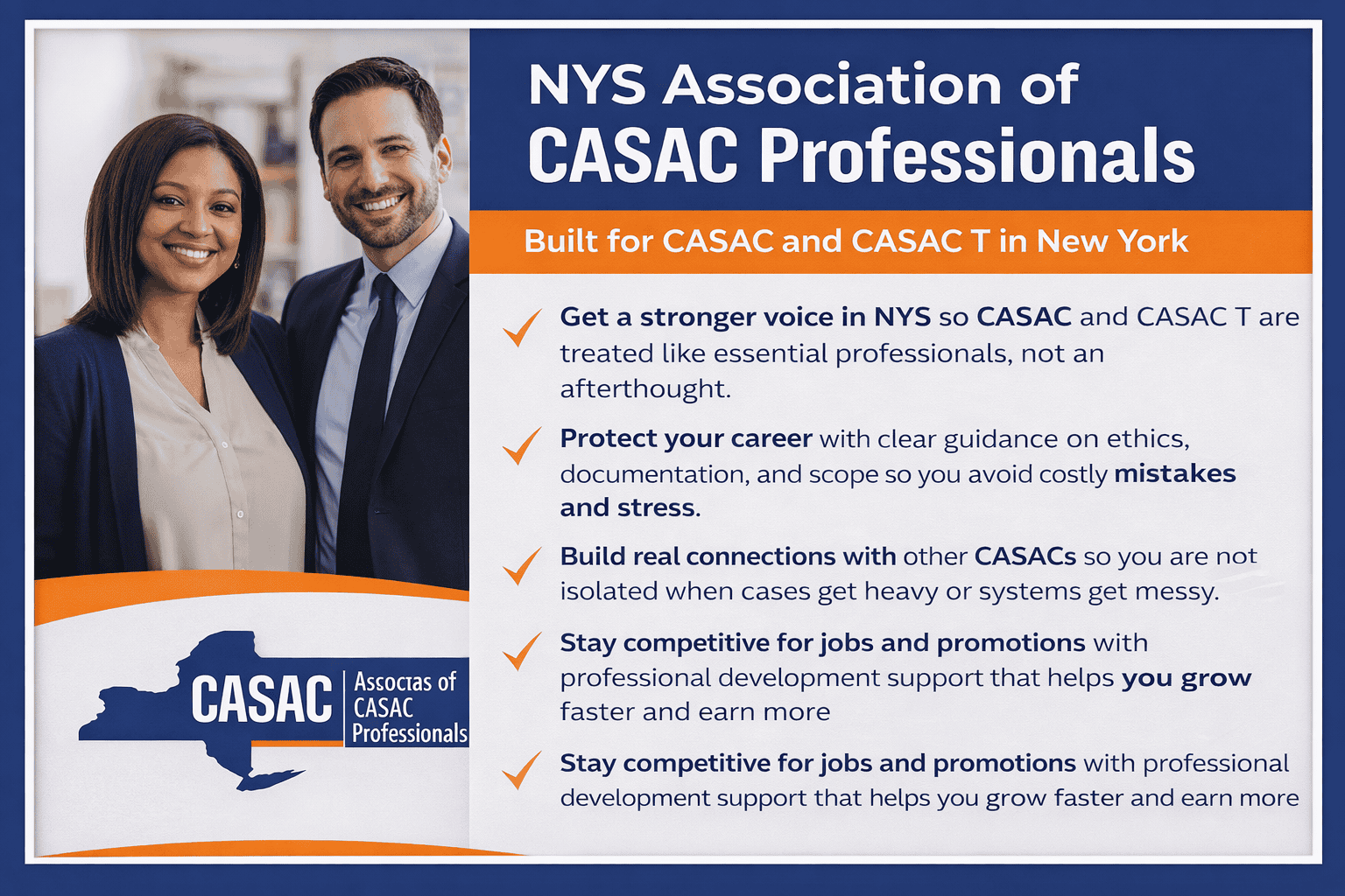 NYS Association of CASAC Professionals banner for CASAC in NYS, supporting CASAC and CASAC T with advocacy, career support, networking, and professional development.