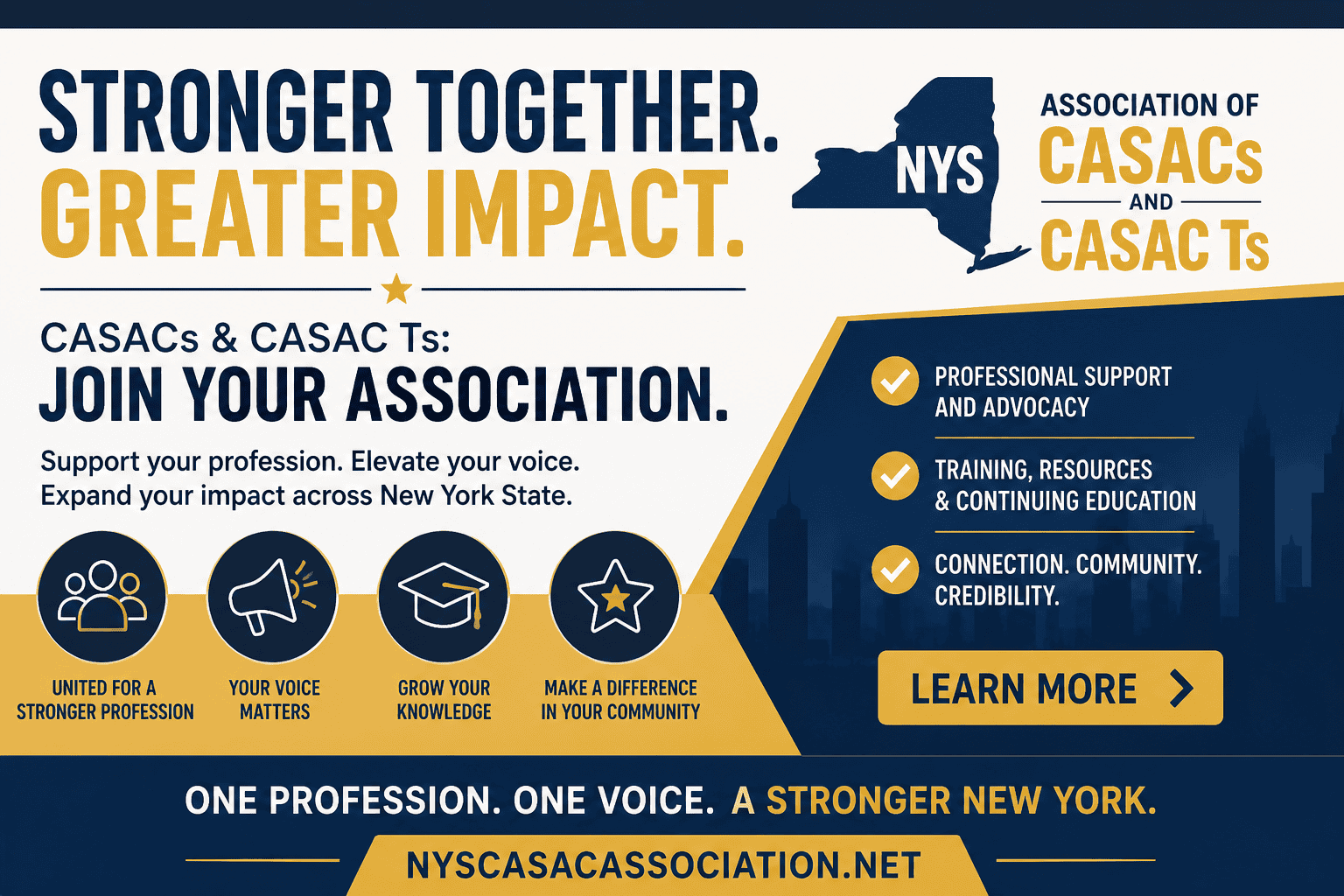 Navy and gold banner encouraging CASACs and CASAC Ts to join the NYS CASAC Association, featuring a New York State outline and a “Learn More” button.