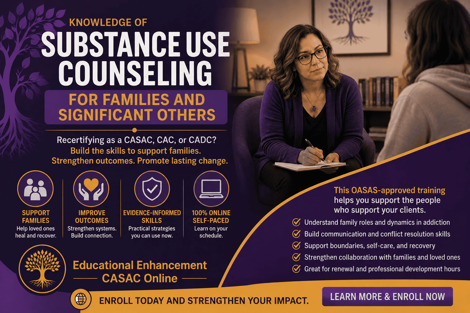 EECO purple and gold banner for “Knowledge of Substance Use Counseling for Families and Significant Others,” showing a substance use counselor meeting with a client, designed for CASAC in NY, CADC, and CAC professionals.