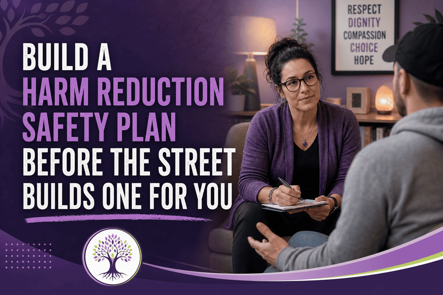 Blog banner showing the title “Build a Harm Reduction Safety Plan Before the Street Builds One for You” with Naloxone and fentanyl test strips on a table, emphasizing overdose risk education for a CASAC in NYS.