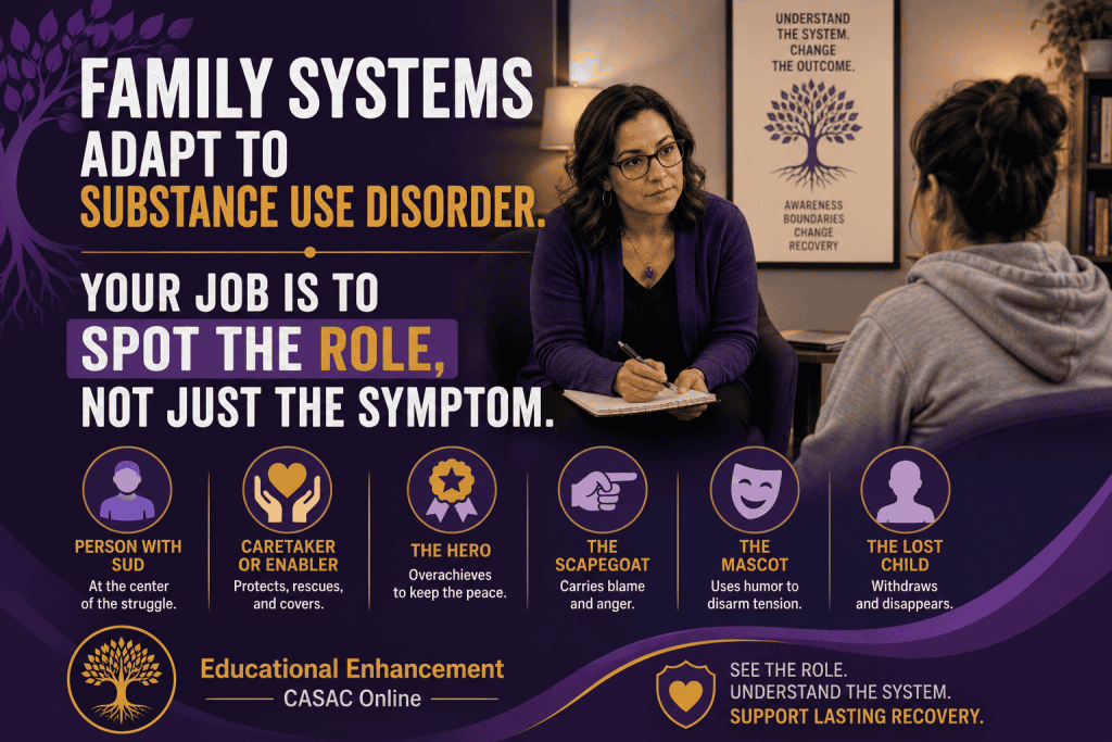 EECO purple and gold header image titled “Family Systems Adapt To Substance Use Disorder. Your Job Is To Spot The Role, Not Just The Symptom,” showing a substance use counselor meeting with a client, with icons for family roles like caretaker, hero, scapegoat, mascot, and lost child.