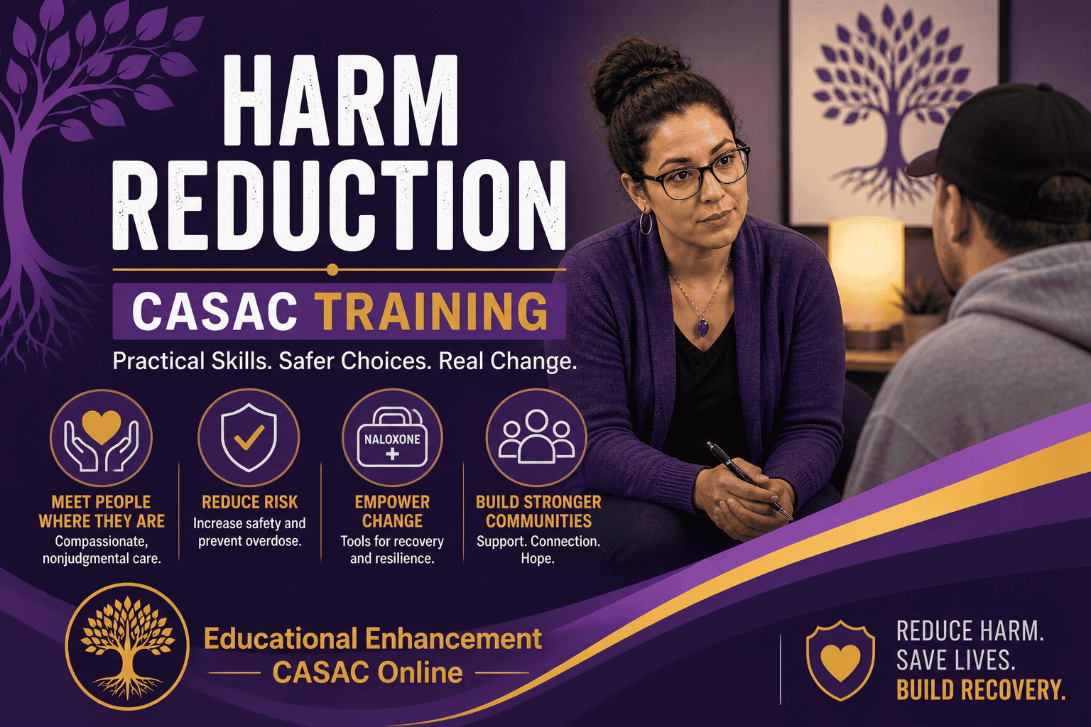 EECO purple and gold banner titled “Harm Reduction CASAC Training,” showing a counselor meeting with a client, with “Educational Enhancement CASAC Online” in gold and a tree emblem.