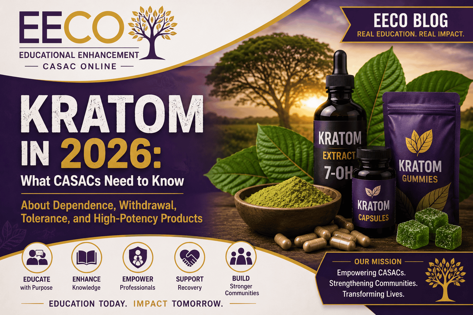 Blue and gold Educational Enhancement CASAC Online blog header showing kratom products, capsules, extracts, and powder representing kratom use disorder, kratom withdrawal symptoms, and substance use counselor education for CASAC in NYS.