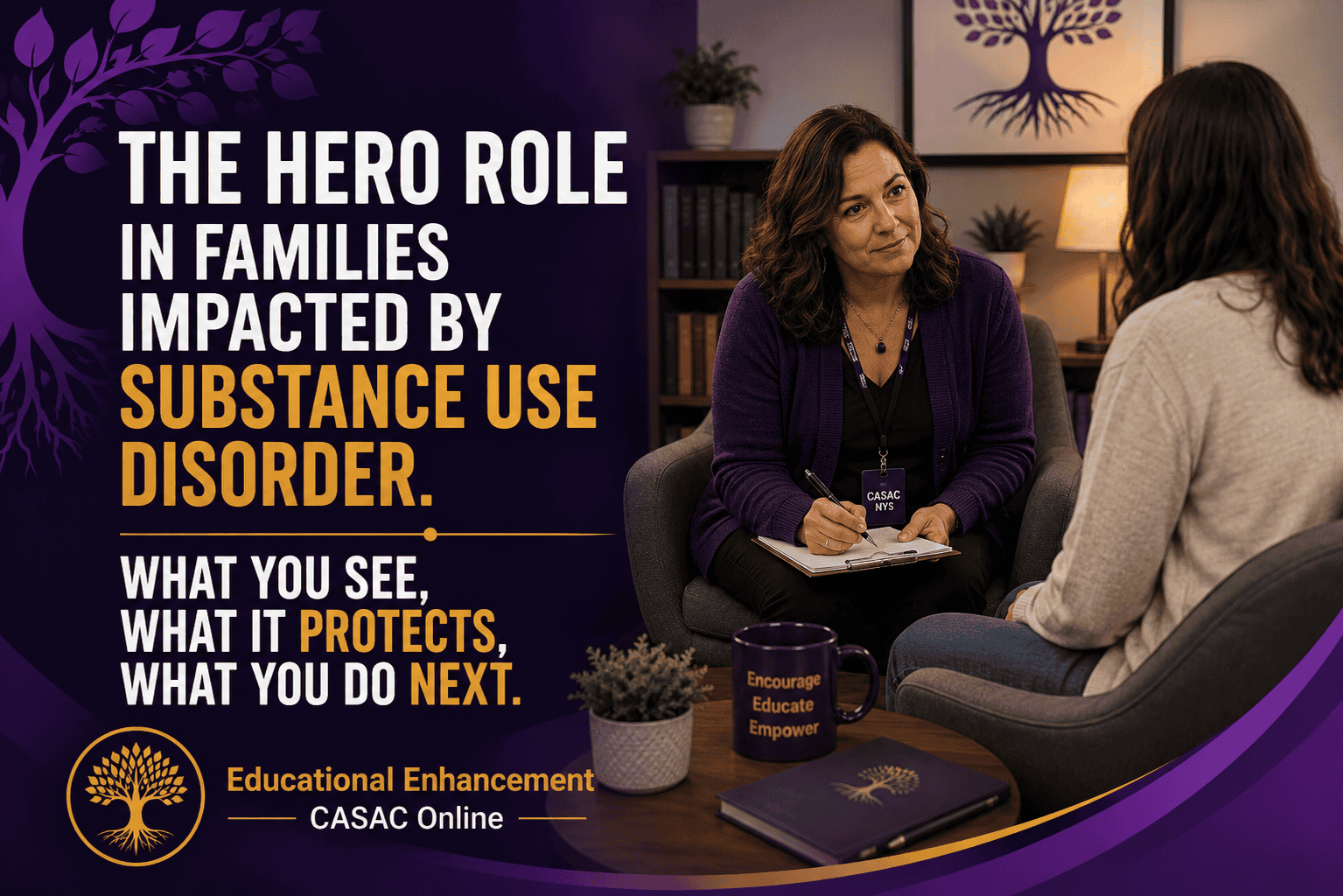 EECO purple and gold blog header showing a different counseling session in a calm office with the tree emblem, using the same banner style as the example and the coffee cup text “Encourage, Educate, Empower.”