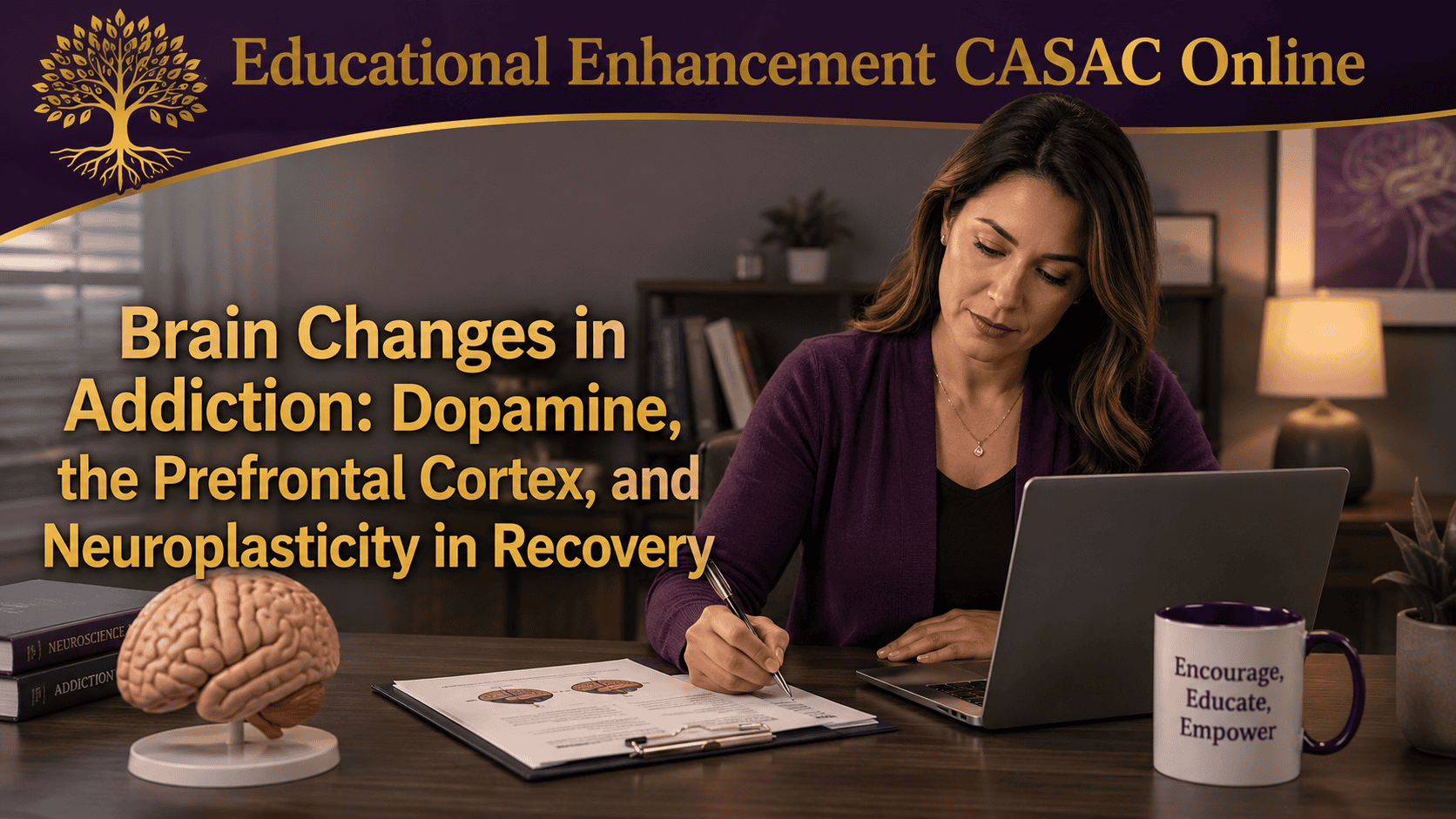 Counselor studying neurobiology slides during a Zoom training, illustrating brain changes in addiction, dopamine and substance use disorder, prefrontal cortex and substance use, and neuroplasticity in recovery for substance use counselor education.