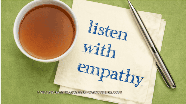 Image of a coffee cup and the words listen with empathy something you will learn in our CASAC 350 education and training program