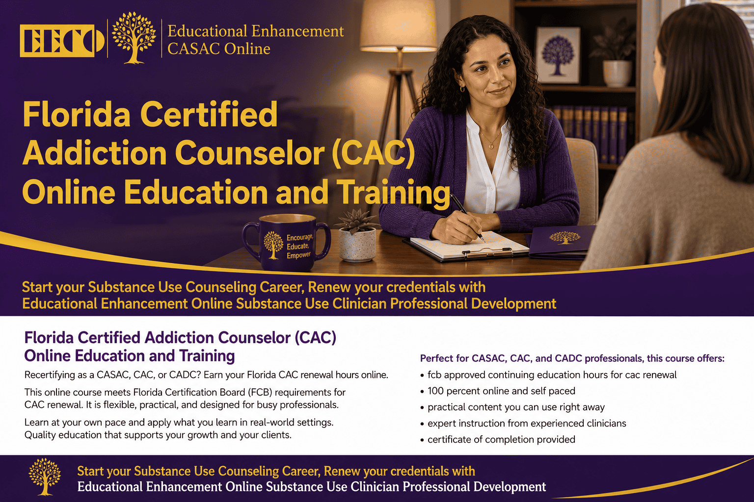 Florida Certified Addiction Counselor (CAC) Online Education and Training banner for CASAC, CADC, CAC, and substance use counselor professionals seeking Florida addiction counselor certification online.