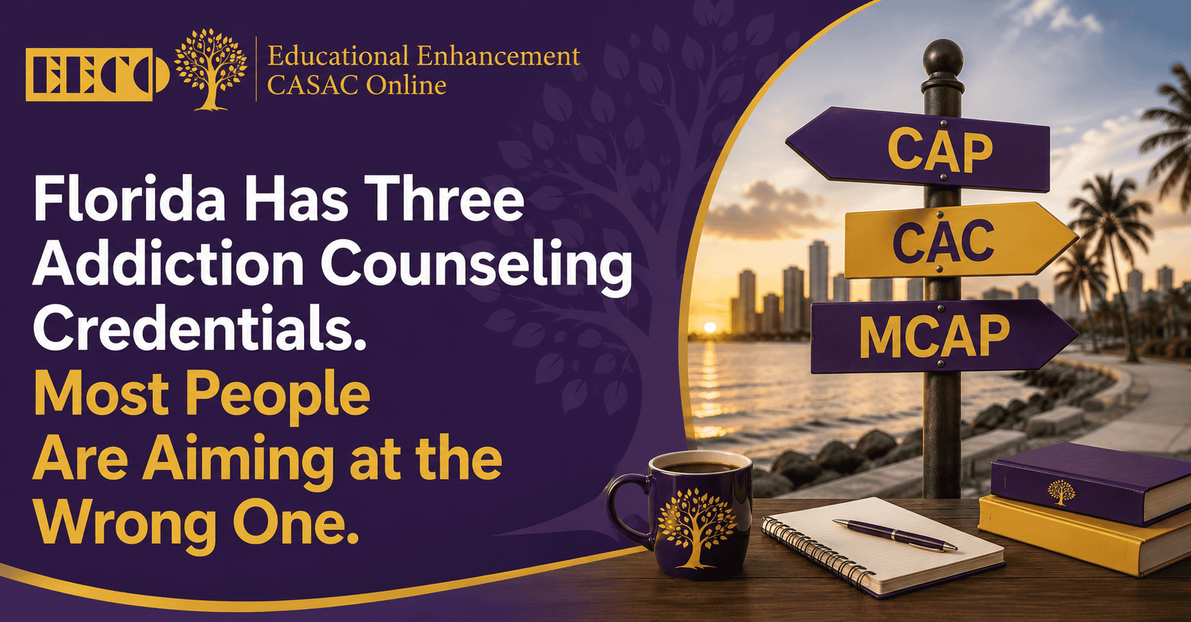EECO blog banner for “Florida Has Three Addiction Counseling Credentials. Most People Are Aiming at the Wrong One,” explaining CAC vs CAP Florida, Florida addiction counselor credential levels, the difference between CAC and CAP Florida, Florida Certification Board credentials, and the best entry-level addiction counselor credential Florida.