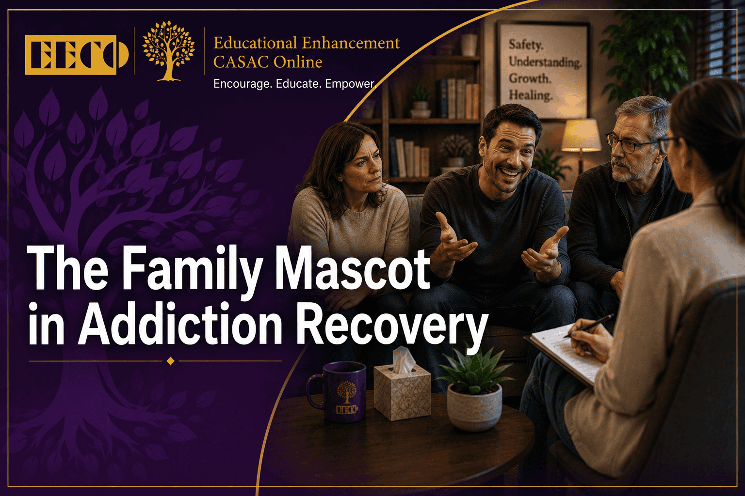 EECO blog banner titled “The Family Mascot in Addiction Recovery: Why Humor Often Hides the Deepest Pain.” The image depicts an adult family counseling session illustrating the family mascot role, family systems theory addiction, the mascot in dysfunctional family, trauma-informed family counseling, substance use counselor family dynamics, and family roles in addiction recovery through a realistic therapeutic setting.