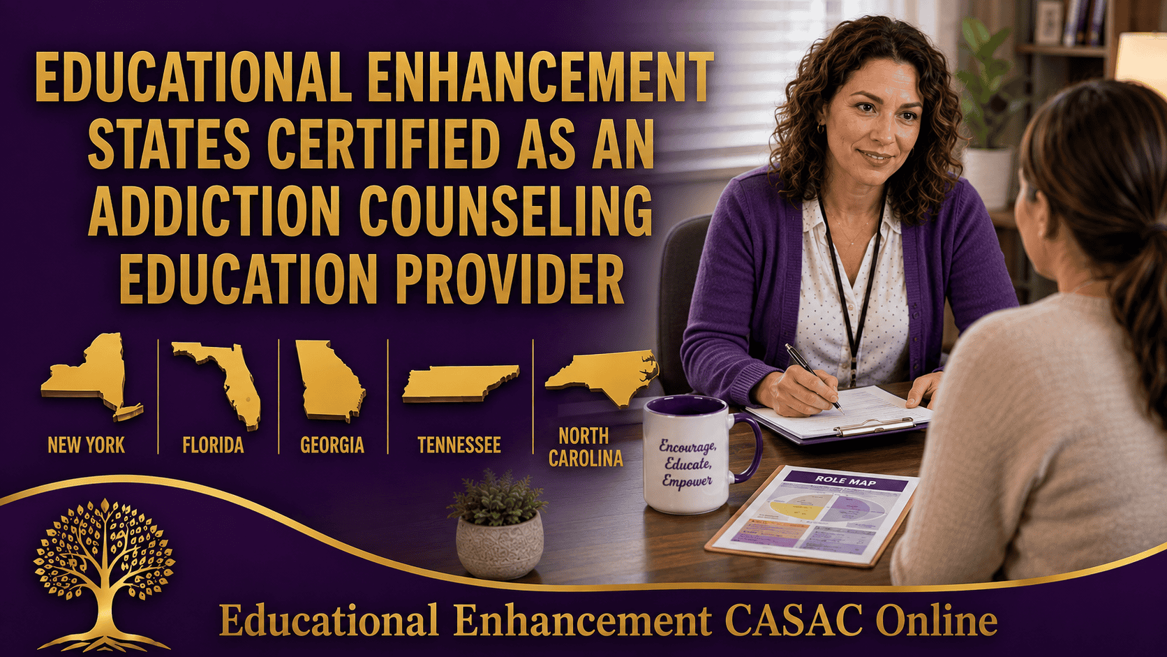 Educational Enhancement CASAC Online banner highlighting approved CASAC training, CADC training, and CAC training online programs for New York, Florida, Georgia, North Carolina, and Tennessee.<br />

